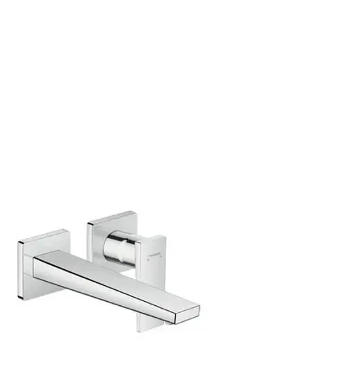 Wandmontierter Einhebel-Waschtischmischer von Hansgrohe mit geradem Auslauf und Hebelgriff in Chrom-Optik.